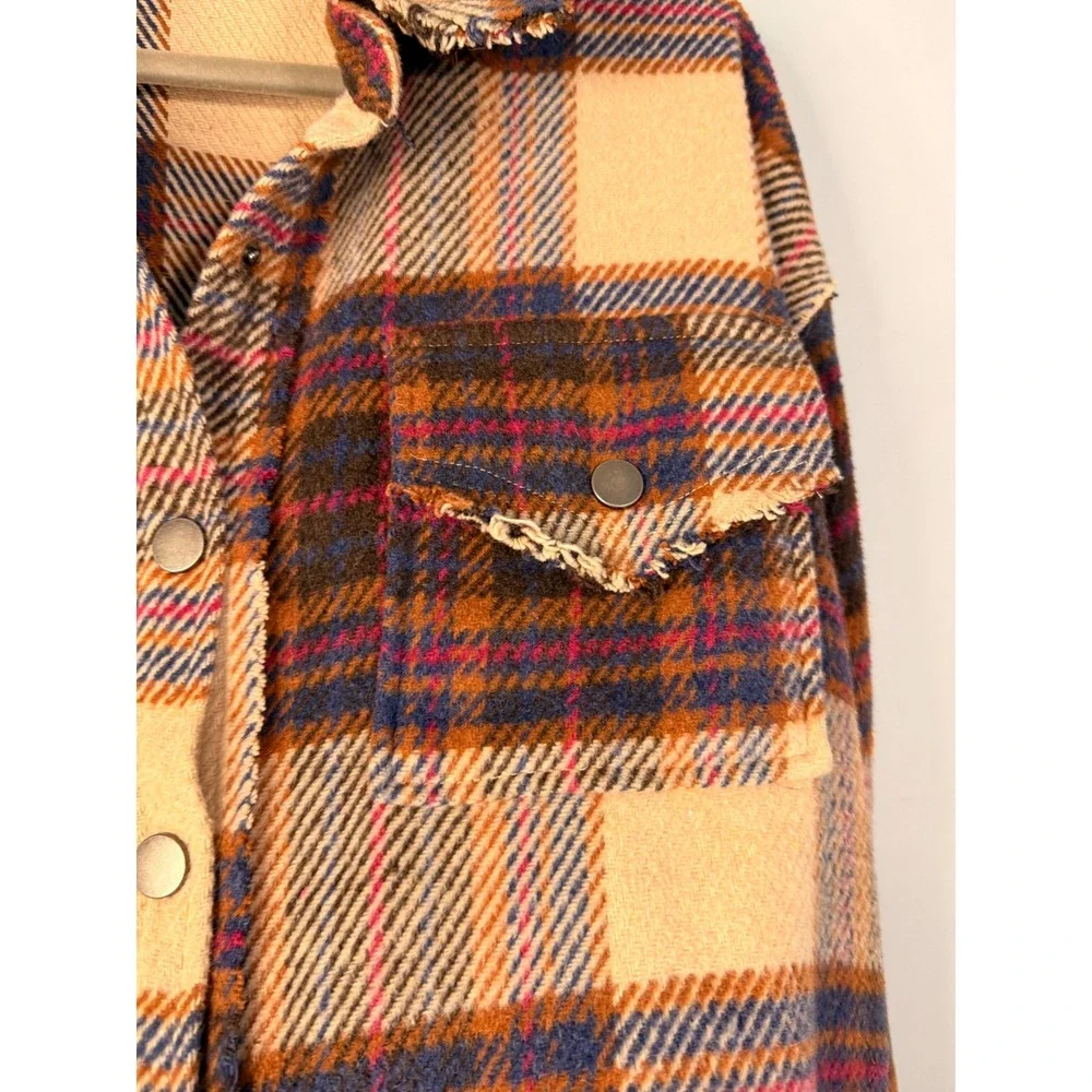 La Miel Plaid Wool Blend Shacket Womens Medium Tan Blue‎ Distressed JKT1797